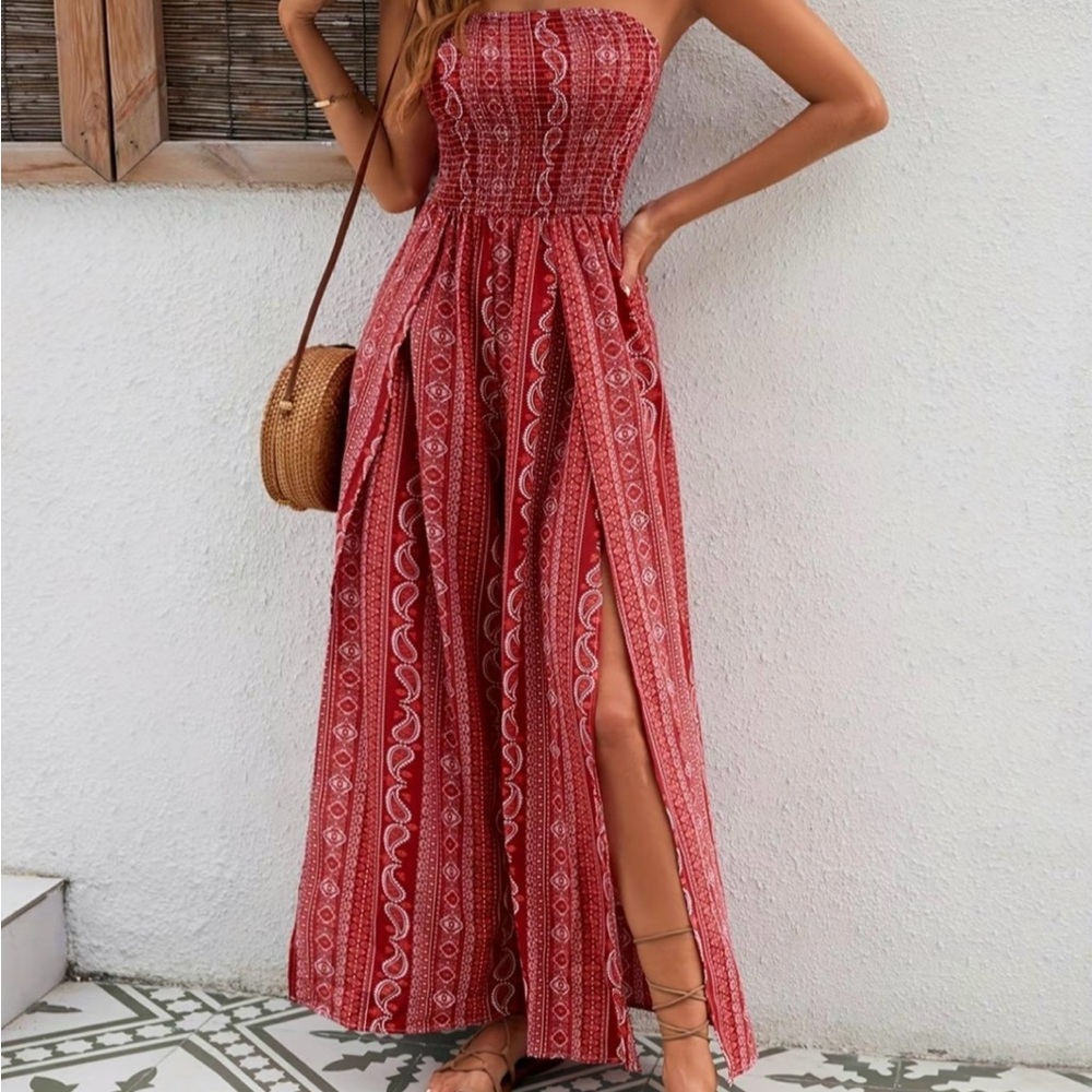 Orange Red Strapless Pleated Jumpsuit Resort Wear